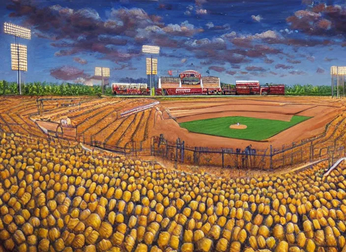 Image similar to a baseball stadium built of corn, oil painting by jama jurabaev, extremely detailed, brush hard, artstation, for aaa game, high quality, brush stroke