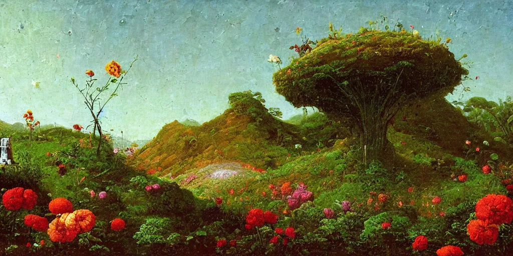 Prompt: a flowering garden in a crater on the moon, a small garden shed is standing beside the crater, impasto paint in the style of martin johnson heade and h. r. giger,