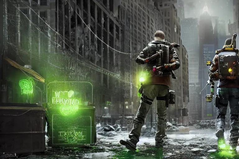 Image similar to agents from (Tom Clancy's The Division) are recovering a glowing green container, high detail, digital art, by Tom Garden