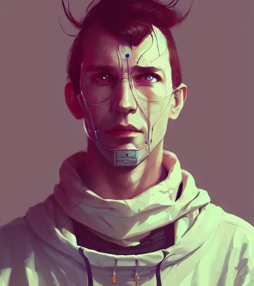 Image similar to cyberpunk synth, hyper - realistic portrait of a man in a hoodie, cyberpunk, by atey ghailan, by greg rutkowski, by greg tocchini, by james gilleard, by joe fenton, by kaethe butcher, dynamic lighting, gradient light blue, brown, blonde cream and white color scheme, grunge aesthetic
