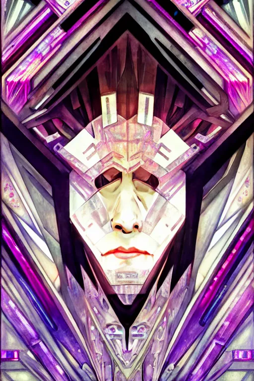 Image similar to hyperrealism, dreamland of chinese, ghost, sharp, slender and densely arranged teeth, futuristic, synthwave, art deco, expressive, dystopian, cyberpunk, mecha, halfturn portrait of a big crystal face made of crystals half - turn, ominous, intricate, oc rendered, art by alphonse mucha, concept art, 4 k, sharp focus