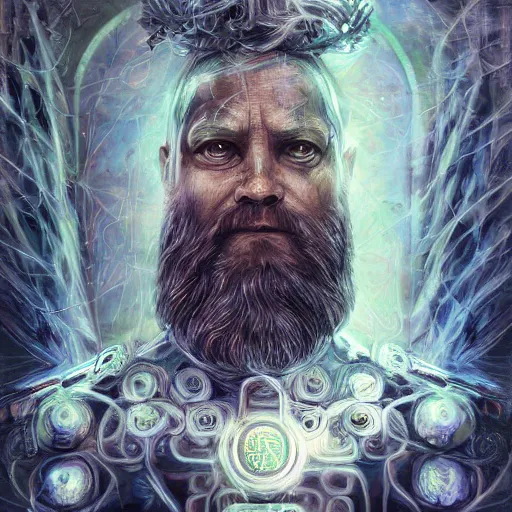 Prompt: mythological broken odin all father god of thunder and artificial intelligence creating himself with an artificial neural network with synapses, high resolution, award winning art, trending on art station, sharp image, incredibly detailed, detailed character realistic painting