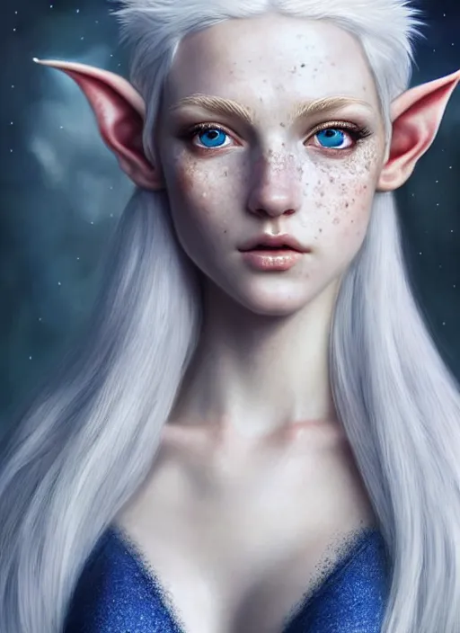 Prompt: a beautiful portrait, white background, gorgeous fantasy elf. professionally retouched, soft lighting, freckles, realistic, smooth face, detailed gorgeous blue eyes, long white hair, cute ears, wide angle, sharp focus on the eyes, 8 k high definition, insanely detailed, intricate, elegant, sexy, gorgeous, art by artgerm and wlop