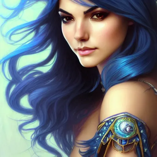 Prompt: A combination of Victoria Justice's and Odette Annable's faces with blue hair, western, D&D, fantasy, intricate, elegant, highly detailed, digital painting, artstation, concept art, matte, sharp focus, illustration, art by Artgerm and Greg Rutkowski and Alphonse Mucha