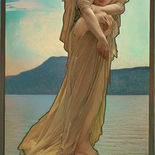 Image similar to tempera composed by alphonse mucha, by meredith marsone, by alexandre cabanel. the sculpture of two lakes in connecticut, with mountains in the distance.