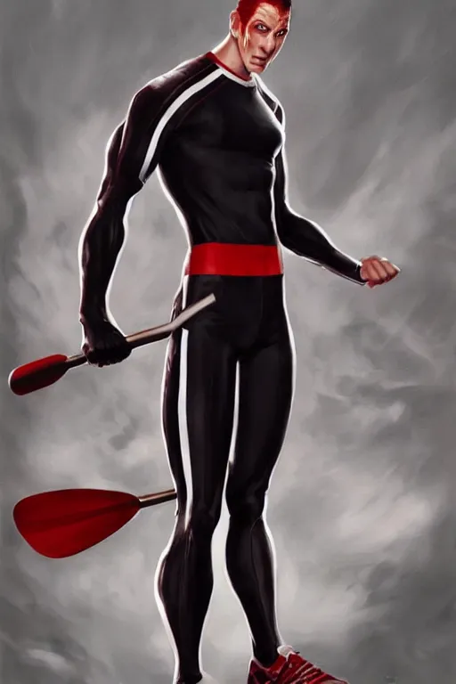 Image similar to full body view of a very skinny white man super villain that wears a red adidas track suit and wields two oars as weapons, his super power is the power to bore, comic book art by artgerm and alex ross, featured on artstation, cgsociety