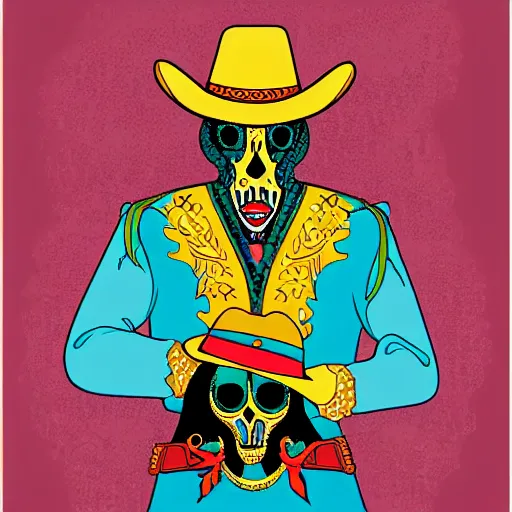 Prompt: skullfaced mexican vaquero, persian folklore illustration