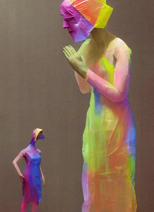 Image similar to woman in a translucent clothing made from colorful rainbow plastic bag with paper bags for clothes standing inside paper bags with paper bag over the head at colorful rainbow store display, highly detailed, artstation, art by , edward hopper, zdislav beksinski, wayne barlowe