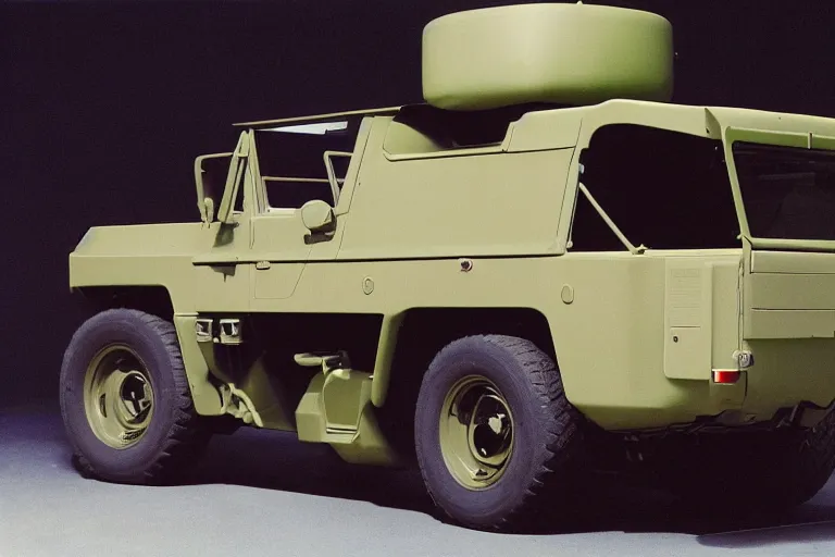 Prompt: designed by Giorgetto Giugiaro stylized poser of a single, 1973 HUMVEE, thick neon lights, ektachrome photograph, volumetric lighting, f8 aperture, cinematic Eastman 5384 film