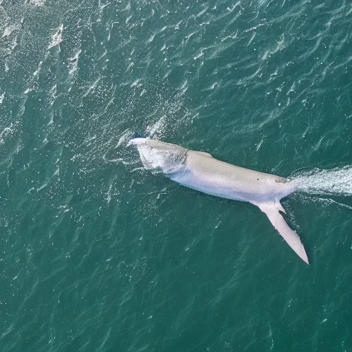 Prompt: an aerial photograph of a giant shark underneath a small boat. photograph. high quality. national geographic.