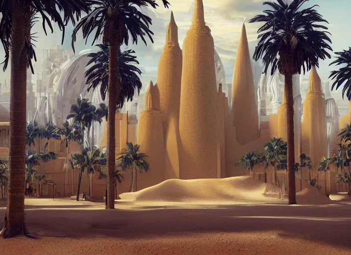 Prompt: cover concept art of the lost sand city, levitating sand, golden towers, golden pillars, palm trees, space and time, floating objects, post-processing, in the style of Hugh Ferriss, Behance, Artgerm. High detail, ultra realistic render, octane, 3D, photorealism, symmetric, cinematic from the umbrella academy