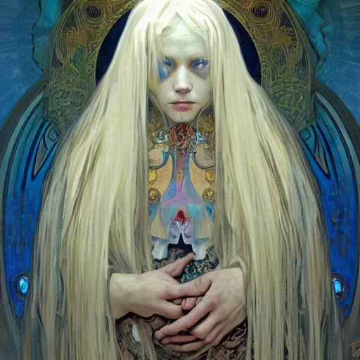 Image similar to portrait of small, rubbery, huge-eyed, big-lipped albino mutant priestess with elaborate white hair by Alphonse Mucha, Beksinski, and Anato Finnstark