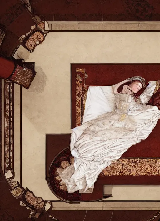 Image similar to top view of a queen lying sleepless on royal bed, in the style of charles sillem lidderdale, in the style of greg rutkowski, artstation, high quality art