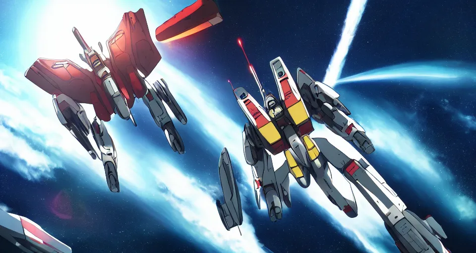 Prompt: RX-78-2 in the science fiction anime series gundam by makoto shinkai, flying through space, beautiful, interstellar, cinematic, shooting star, gundam