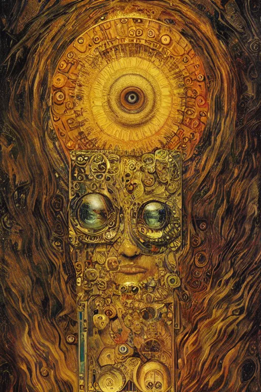 Image similar to The Helliquary by Karol Bak, Jean Deville, Gustav Klimt, and Vincent Van Gogh, lockbox, otherworldly, fractal structures, arcane, inferno, inscribed runes, reliquary, infernal relics, ornate gilded medieval icon, third eye, spirals