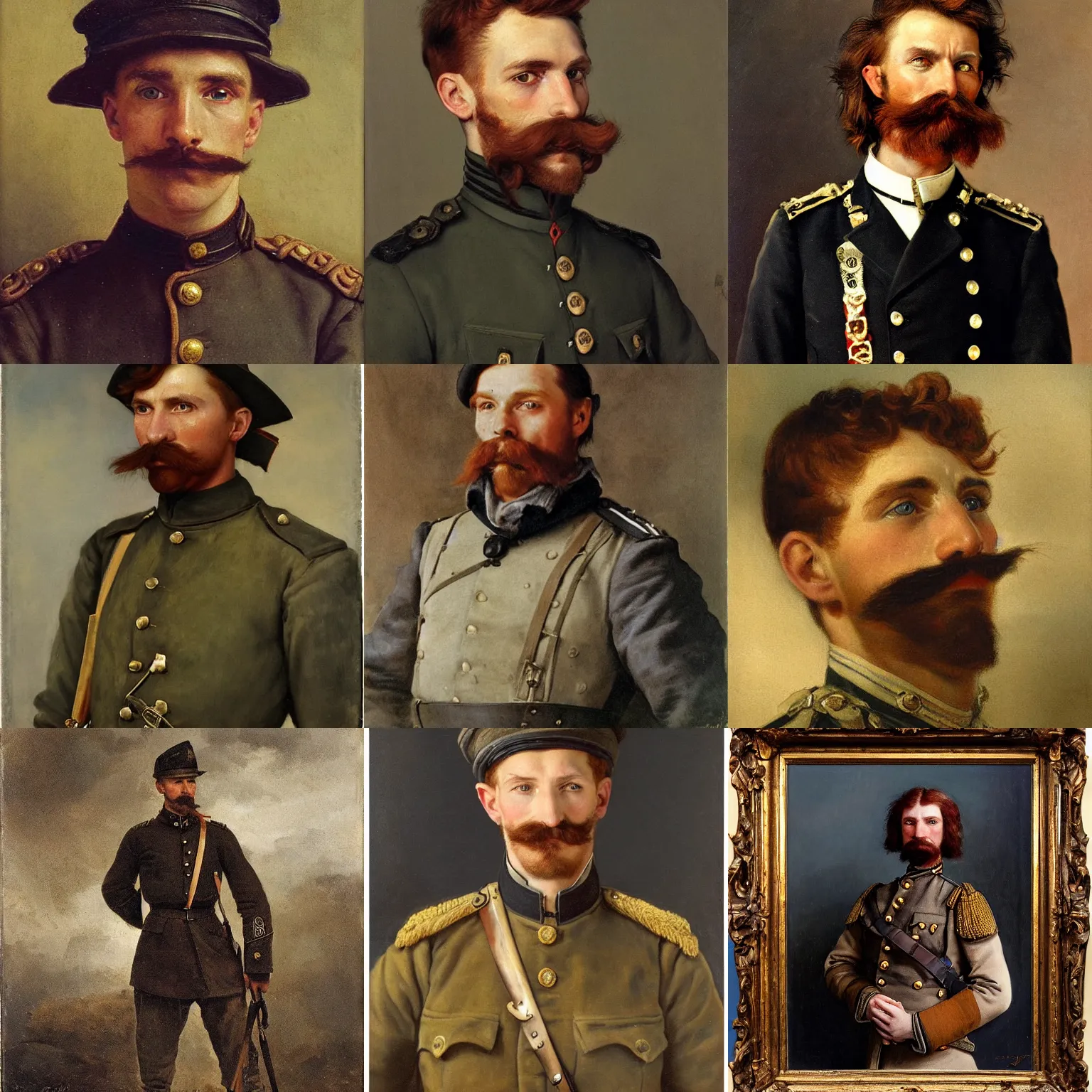 Prompt: late 1 9 th century, austro - hungarian!!! soldier ( handsome, 2 7 years old, redhead ( ( ( michał zebrowski ) ) ) with a small mustache ). old, detailed, hyperrealistic, 1 9 th century, full length, oil canvas by jan matejko and gustave courbet