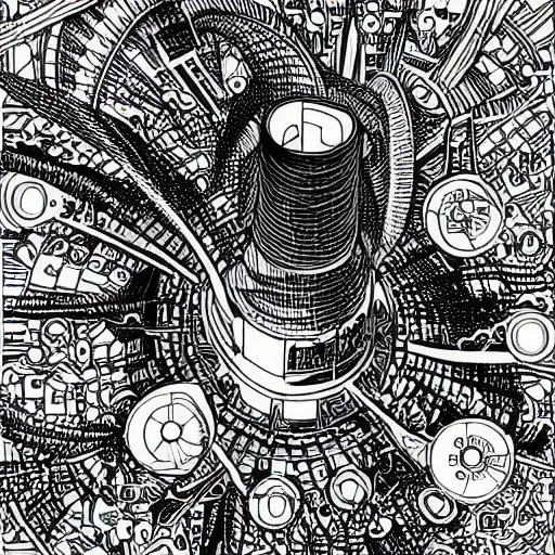 Image similar to Simplistic coloring book of a turbine blueprint, black ball pen on white paper, by Josan Gonzalez and Geof Darrow