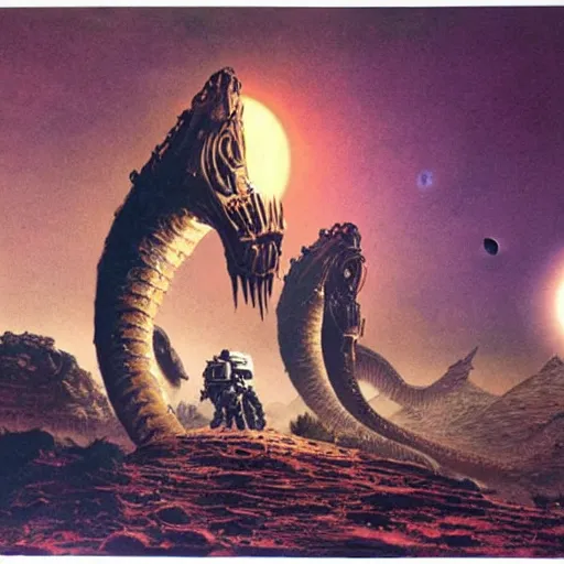 Image similar to space marines vs giant snakes, crater moon, vintage sci - fi art, by bruce pennington