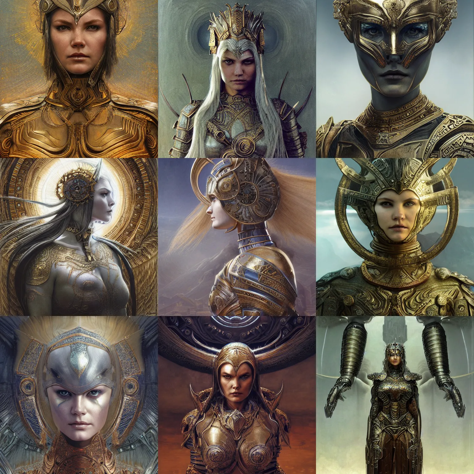 Prompt: Elisha Cuthbert as a Elden Ring warrior masterpiece, steel armour, centred symmetrical portrait, golden halo behind her head, by Edgar Maxence and Ross Tran, distaw Beksinski, and Michael Whelan, distant, gustav dore, H.R. Giger, 8k, octane render