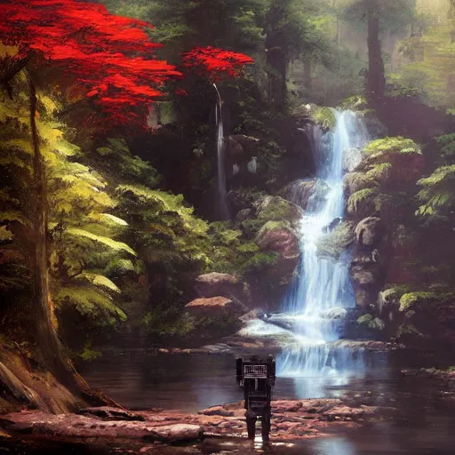 Prompt: Samurai robot resting in front of a waterfall inside a forest, oil painting, by Greg Rutkowski