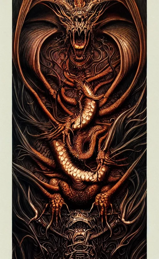 Image similar to a chthonic dragon art by Daniel Dos Santos, Ayami Kojima, Beksinski, Giger, intricate colourfully painted carved wood paneling, dark souls, ivory and copper , artstation