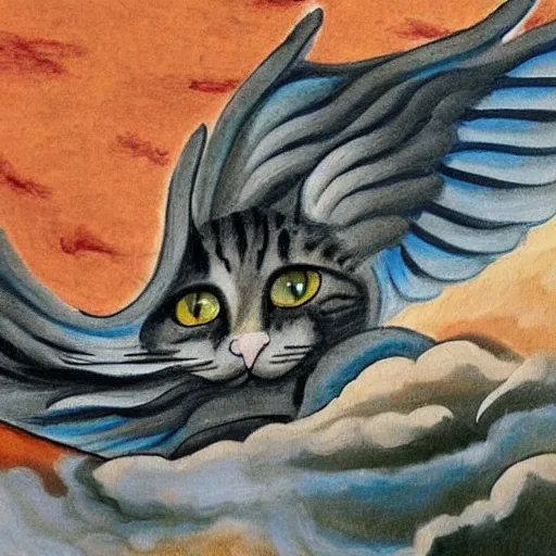 Prompt: a very detailed, painting of a cat with wings flying though the sky in michelangelo style of painting