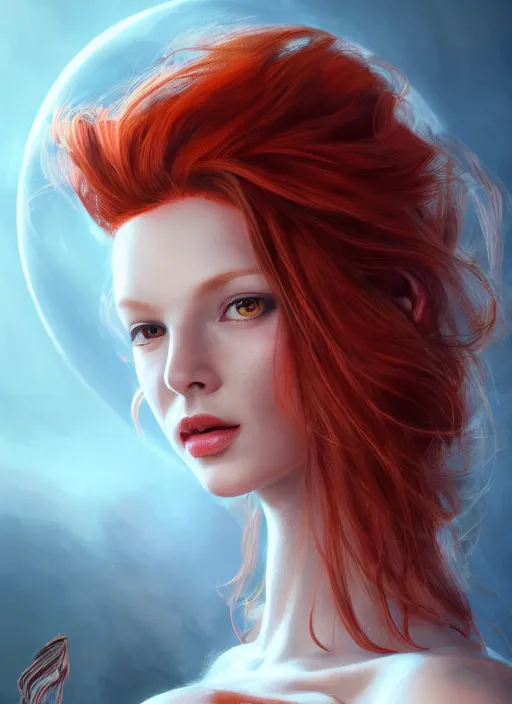 Image similar to Beautiful redhead girl which chest wrapped in bandages, portrait, fantasy, medieval, vivid colors, fantasy, elegant, concept art, sharp focus, beautiful face, digital art, Hyper-realistic, 4K, Unreal Engine, Highly Detailed, HD, Dramatic Lighting by Brom, trending on Artstation