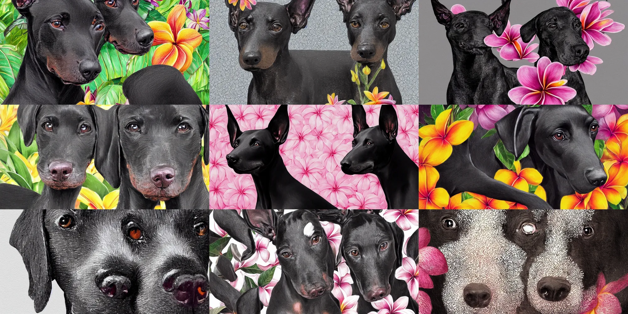 Prompt: ultra realistic illustration, portrait of a small black Merle Doberman plumeria tropical bouquet background, close up shot, fantasy, intricate, elegant, highly detailed, digital painting, artstation, concept art, smooth, sharp focus, illustration, surrealism