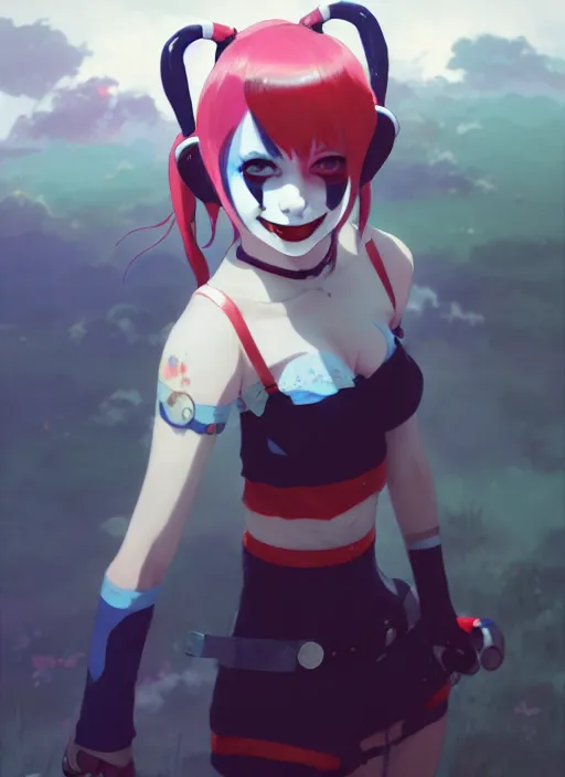 Image similar to portrait of cute harley quinn, cloudy sky background lush landscape illustration concept art anime key visual trending pixiv fanbox by wlop and greg rutkowski and makoto shinkai and studio ghibli