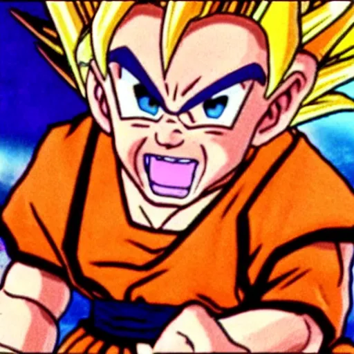 Prompt: vhs still image of warwick davis in dragonball z going super sayan