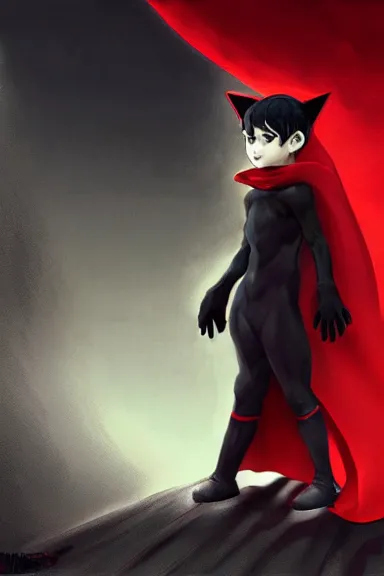 Prompt: little boy with cat ears in an black outfit with red cape. digital artwork made by lois van baarle and kentaro miura and marc simonetti, sharpness focus, inspired by hirohiko araki, anatomically correct, heroic composition, hero pose, smooth, concept art