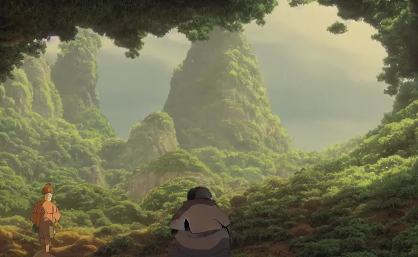 Prompt: movie still from studio ghibli movie showing a highly detailed landscape with a giant buddha walking through a valley. a ufo is in the sky. 1 9 8 0's science fiction, 1 9 7 0's science fiction, misty, depth perception, 4 k