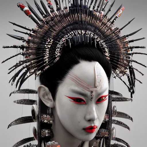 Image similar to japanese cyborg geishas in a ceremony with extremely detailed headdress, inspired by die antwoord beautiful, hand painted textures, cloth physics, deviantart, karol bak, masamune shirow, black and white, beautiful lighting, photorealistic, concept art, perfect render, 3 d render, pixar, 8 k