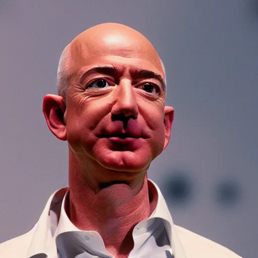 Image similar to Jeff Bezos abandoning humanity to join the singularity. CineStill