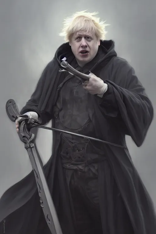 Image similar to Boris Johnson as Grim Reaper in a hood with scythe, portrait, highly detailed, digital painting, artstation, concept art, smooth, sharp focus, illustration, cinematic lighting, art by artgerm and greg rutkowski and alphonse mucha