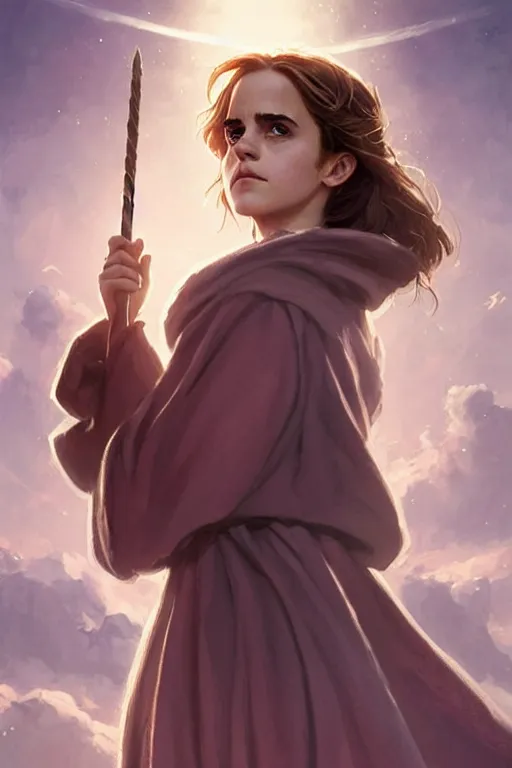 Image similar to Poster artwork, Emma Watson as Hermione Granger, wearing hogwarts!!! robes!!!, magnificent, close up, details, sharp focus, elegant, highly detailed, illustration, by Jordan Grimmer and greg rutkowski and PiNe(パイネ) and 薯子Imoko and 香川悠作 and wlop!!!! and maya takamura, intricate, beautiful, sunset!!!, Trending artstation, pixiv, digital Art