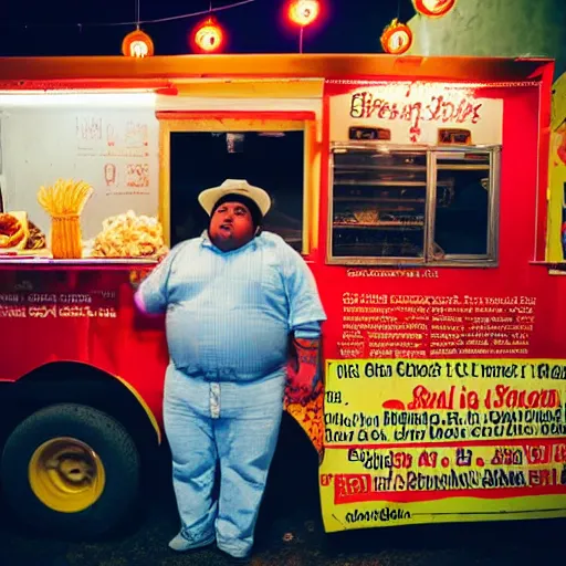 Image similar to obese mexican man showing off tacos de birria next to a food truck in the night, amateur photography with flash,