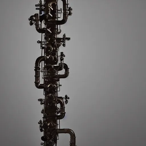 Prompt: a wind instrument made from a vertical arrangement of wide ceramic pipes in the shape of human vocal tracts blowing a pattern of vapour , soil landscape , 8k , octane , frontal view