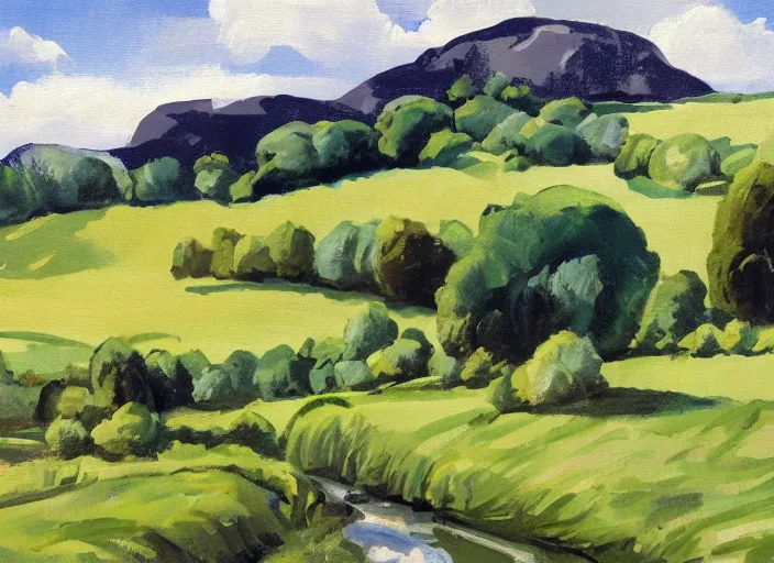 Image similar to landscape of british countryside, summer time, in gouache plein air art style