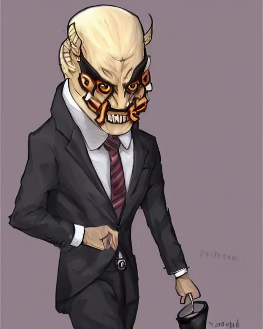 Prompt: character art of a man in a suit wearing an oni mask. full body, concept art, artstation