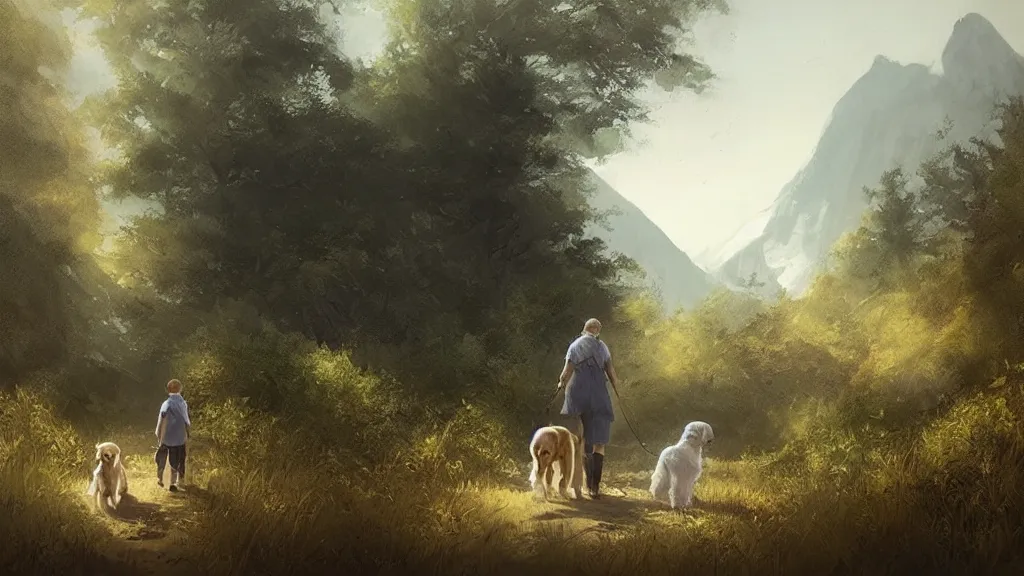 Image similar to “ a couple and a young boy, walk on a trail in forest, with a white color golden retriever, mountains in the background, highly detailed, by charlie bowater, by greg rutkowski ”