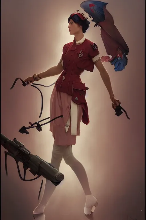 Image similar to covid - 1 9 nurse preparing for battle, pink and white and red, by tom bagshaw and alphonse mucha and atey ghailan and artgerm and and greg rutkowski, hyper realistic, octane render, trending on artstation