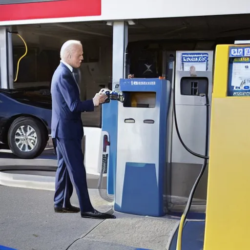 Image similar to joe biden at the gas station pumping gas into his mouth