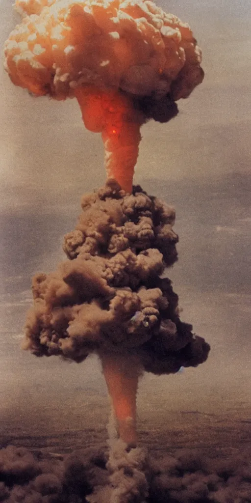 Prompt: a highly detailed and stunning autochrome photograph of an atomic bomb explosion with mushroom cloud, 8K