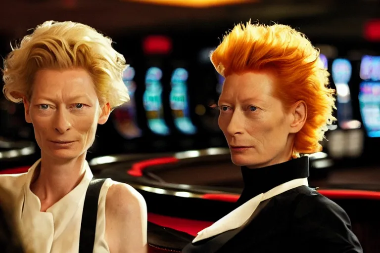 Image similar to Tilda Swinton at a casino in the style of Cowboy Bebop, wide shot