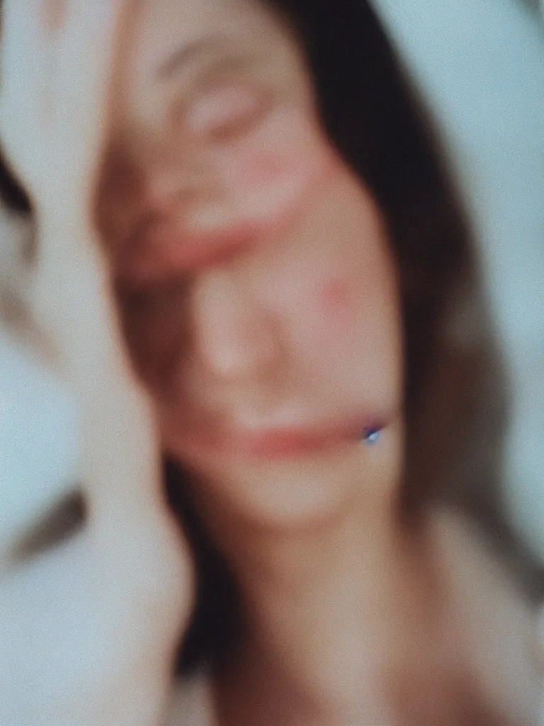 Image similar to close-up photographic portrait of a woman’s face, captured in low light, soft focus, the woman’s features are slightly blurred, Cinestill 800t,