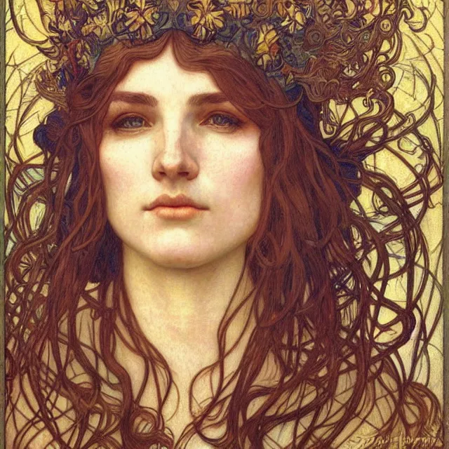 Image similar to detailed realistic beautiful young medieval queen face portrait by jean delville, alphonse mucha, vincent van gogh, and marco mazzoni, art nouveau, symbolist, visionary, gothic, pre - raphaelite