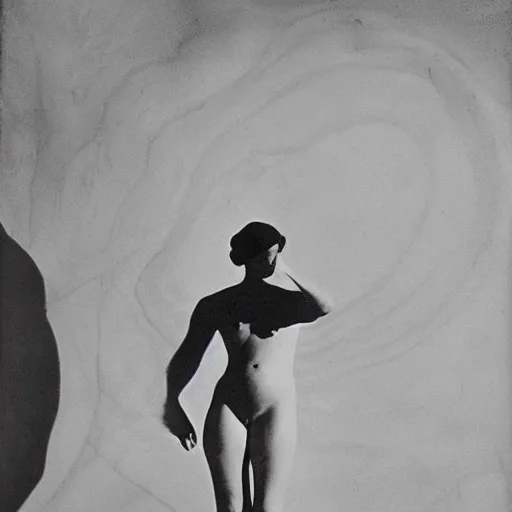 Prompt: Black and white photography by Dora Maar, part of a woman body, geometry, abstract, shape, shadow and light.