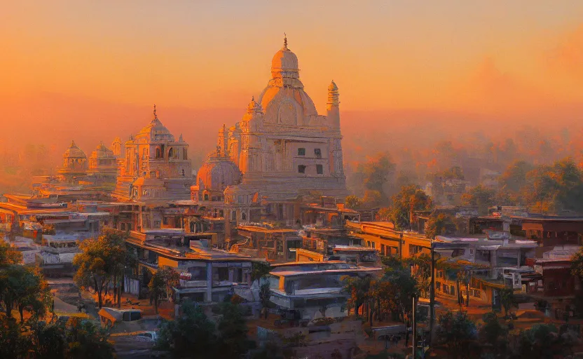 Prompt: detailed oil painting of an indian city, artstation, golden hours, beautiful lighting