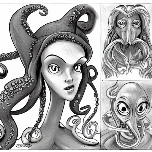 Prompt: a cartoon character of a human - octopus, character - portrait, deviantart, sots art, lovecraftian, grotesque, creepypasta, by glen keane, disney